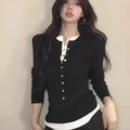 Black women's knitted fake two pieces slim fit long sleeve top on hanger