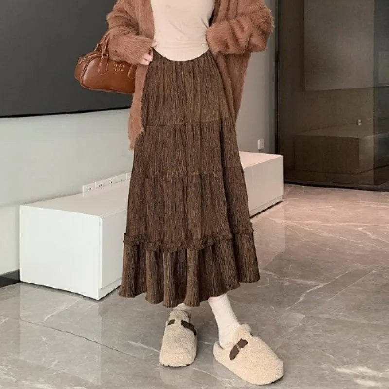Corduroy A-line midi skirt with elastic waistband in beige, black or brown solid colour
