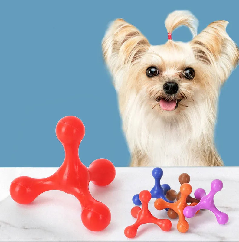 Blue silicone puppy teething toy with three legs, measuring 9.5 cm for small and medium dogs.
