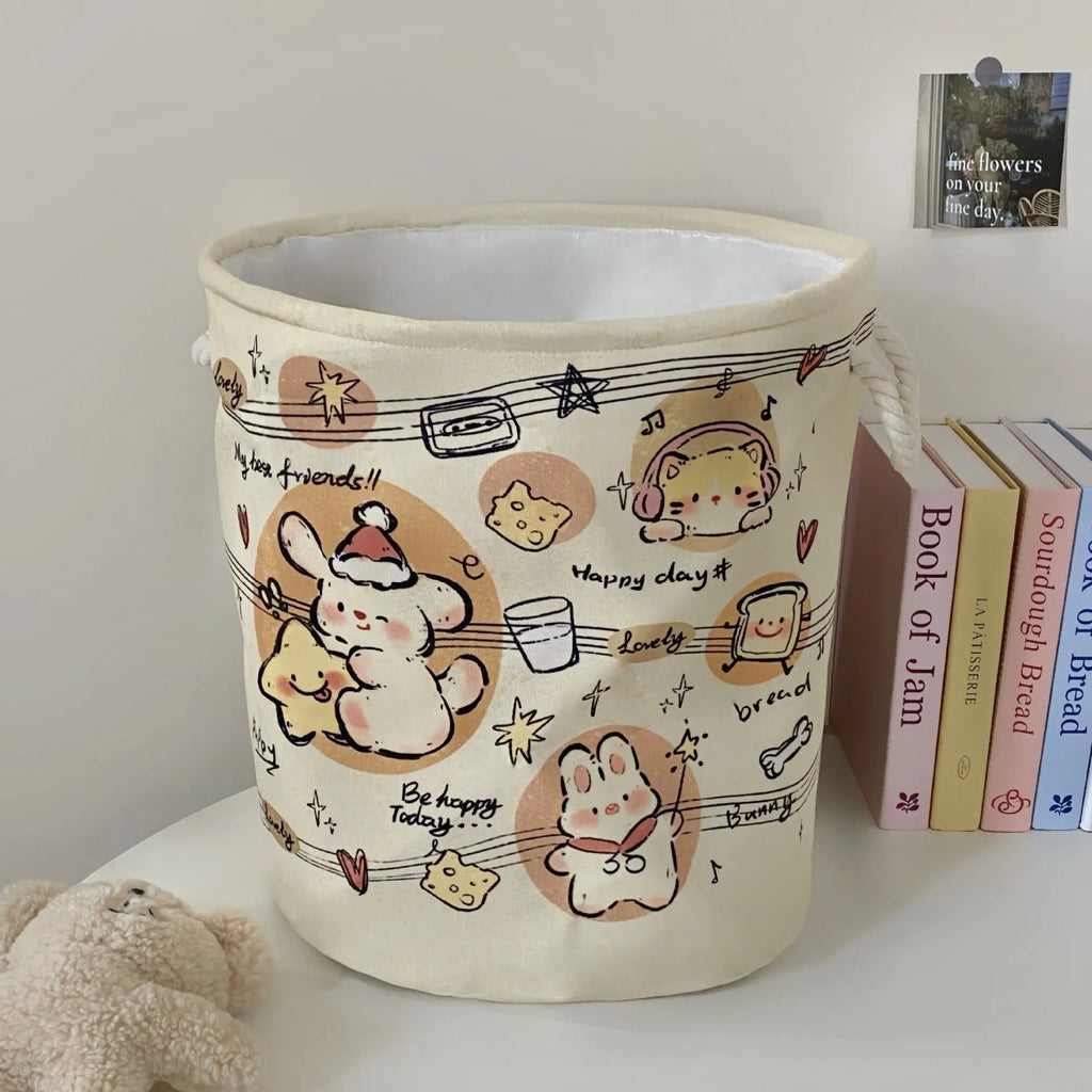 Foldable cotton cloth laundry basket with bear pattern design for bedroom storage