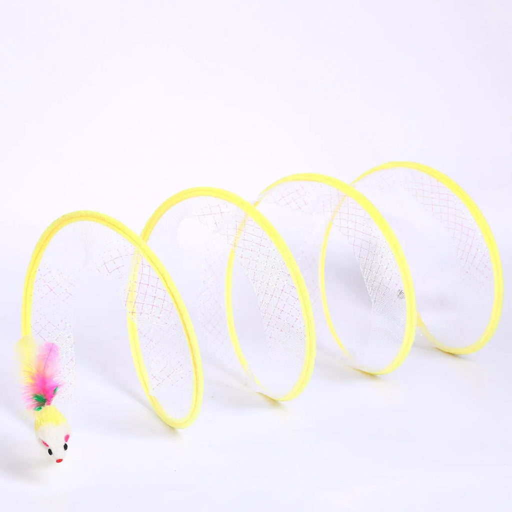 S-type cat tunnel toy with steel wire frame, elastic net covering, and feather attachment for feline play