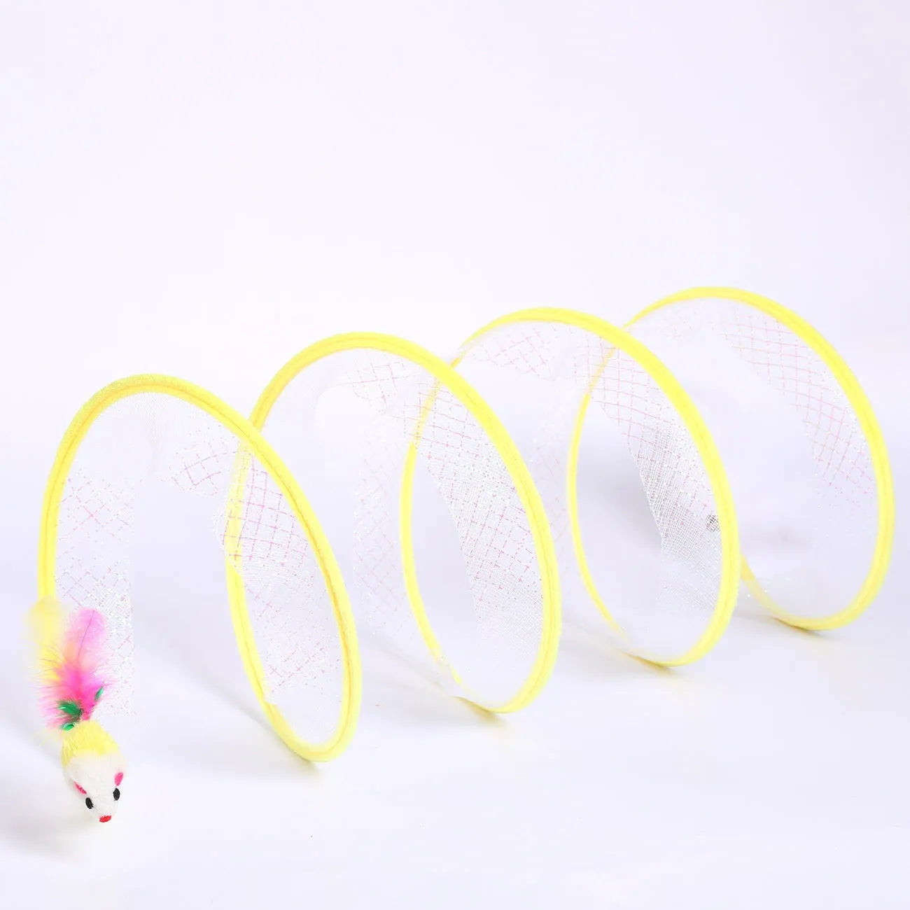 S-type cat tunnel toy with steel wire frame, elastic net covering, and feather attachment for feline play