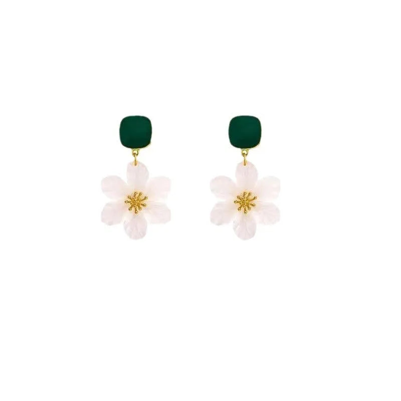 Dark green alloy earrings with sterling silver finish and sweet flower needle design