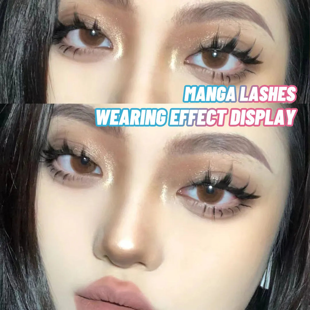Pack of manga style false eyelashes showing natural wispy designs on plastic black terriers for cosplay and Korean makeup.