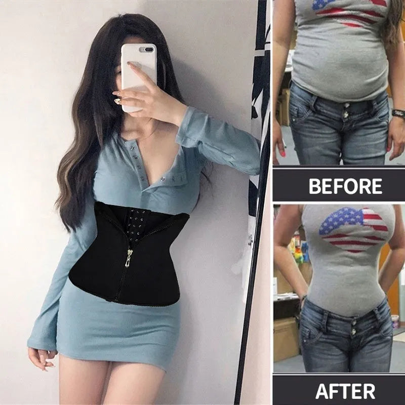 Breasted neoprene body shaping corset belt for women in black, shown on a mannequin.