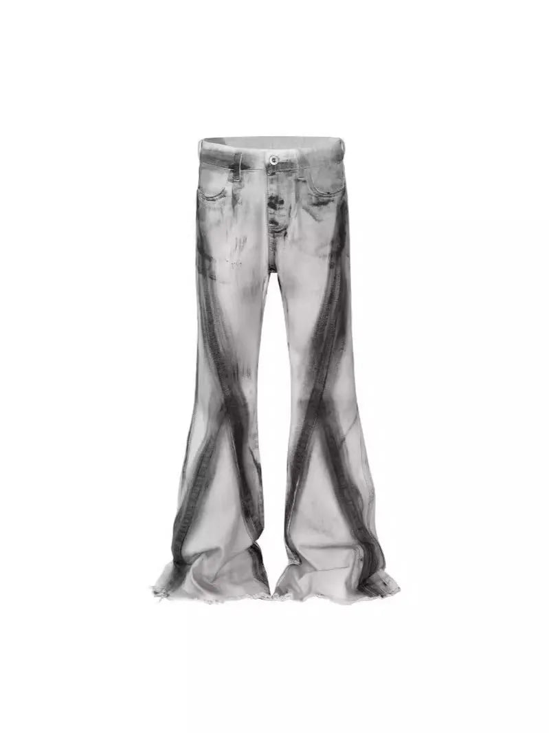 White heavy rough selvedge denim jeans with black ribbon gradient detailing, mid waist, zip fly.