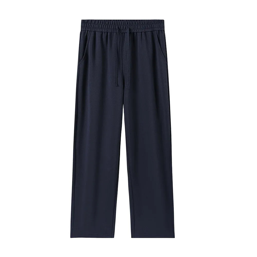 High-waisted straight-leg cotton pants in heather gray, loose fit, available in multiple colours