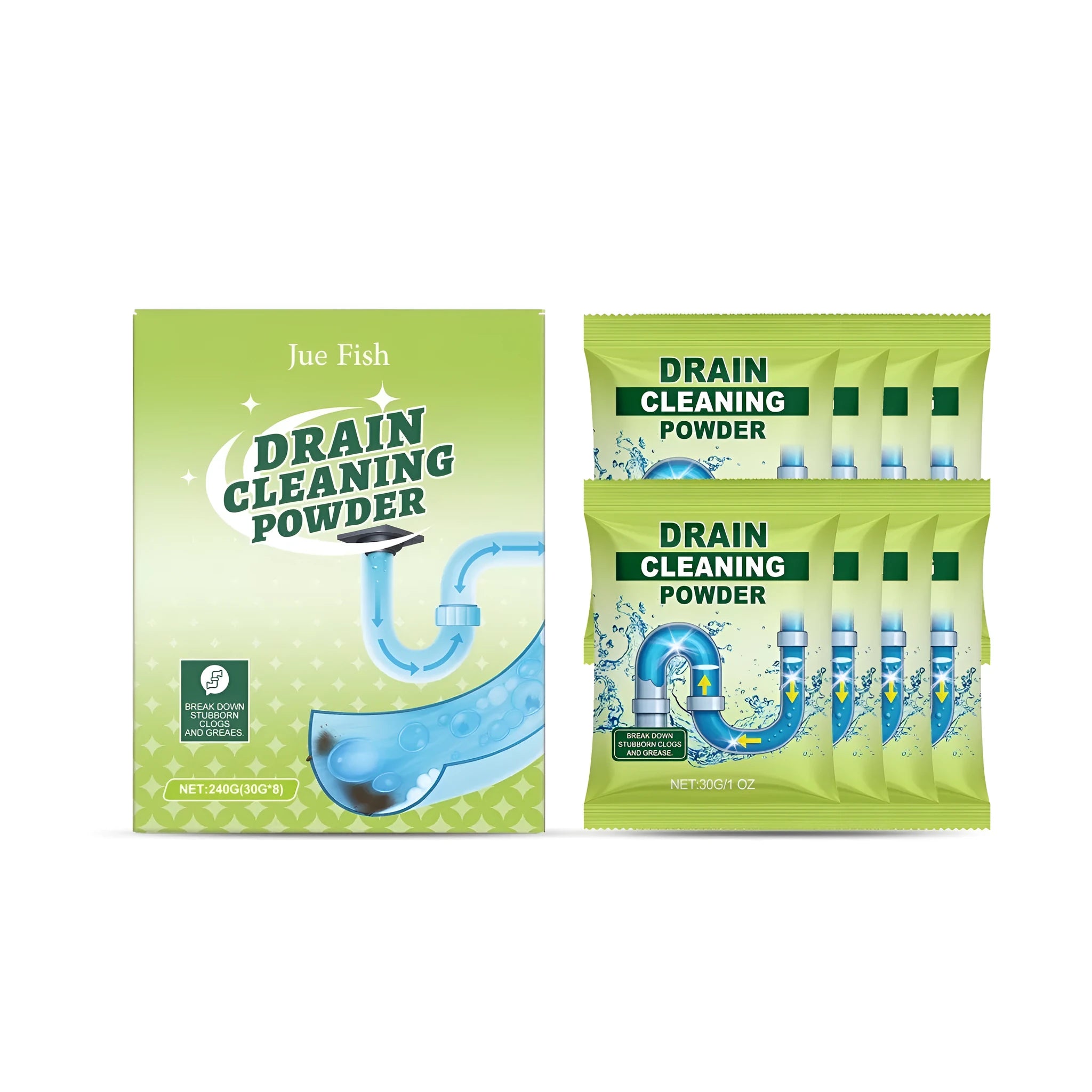 Drain cleaning powder pack with 8 individual 30g sachets, total 240g