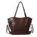 Soft PU retro commuter tote bag with synthetic leather lining, double shoulder straps, and zip hidden pocket in black or brown.