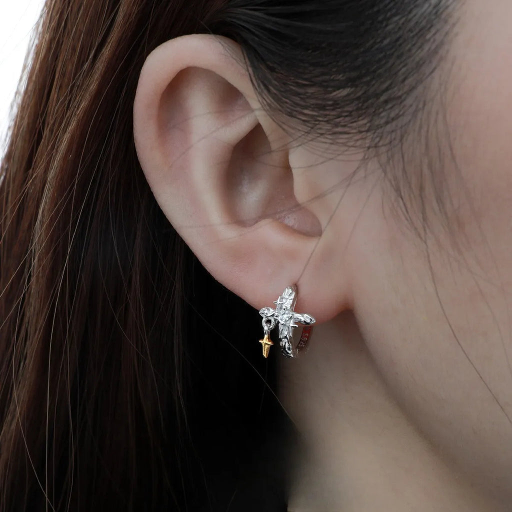 XINGX cross earrings in 925 silver with white gold electroplated finish and geometric round design