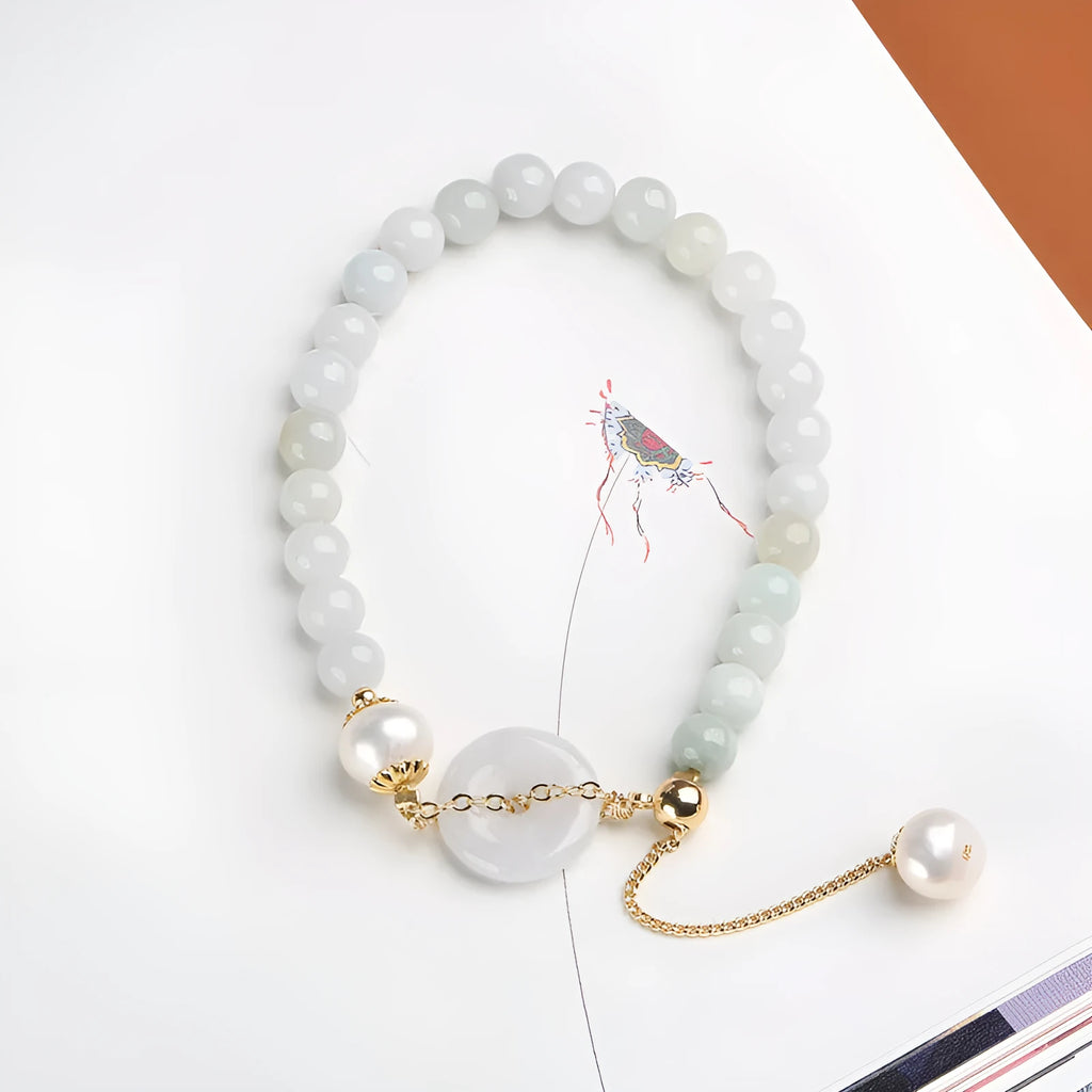 Natural emerald jade peace buckle pearl bracelet with round pendant and geometry clasp