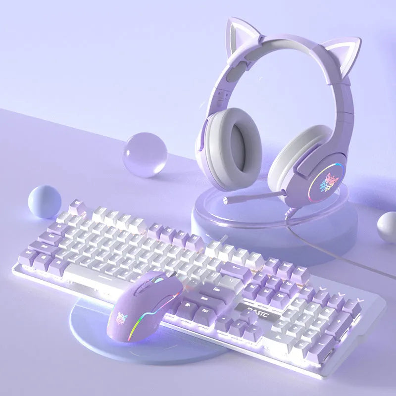 White and purple mechanical keyboard and mouse gaming combo with backlight