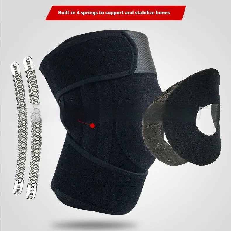 Spring support sports knee pad in nylon mercerised cloth for running, basketball, and cycling, with adjustable spring option