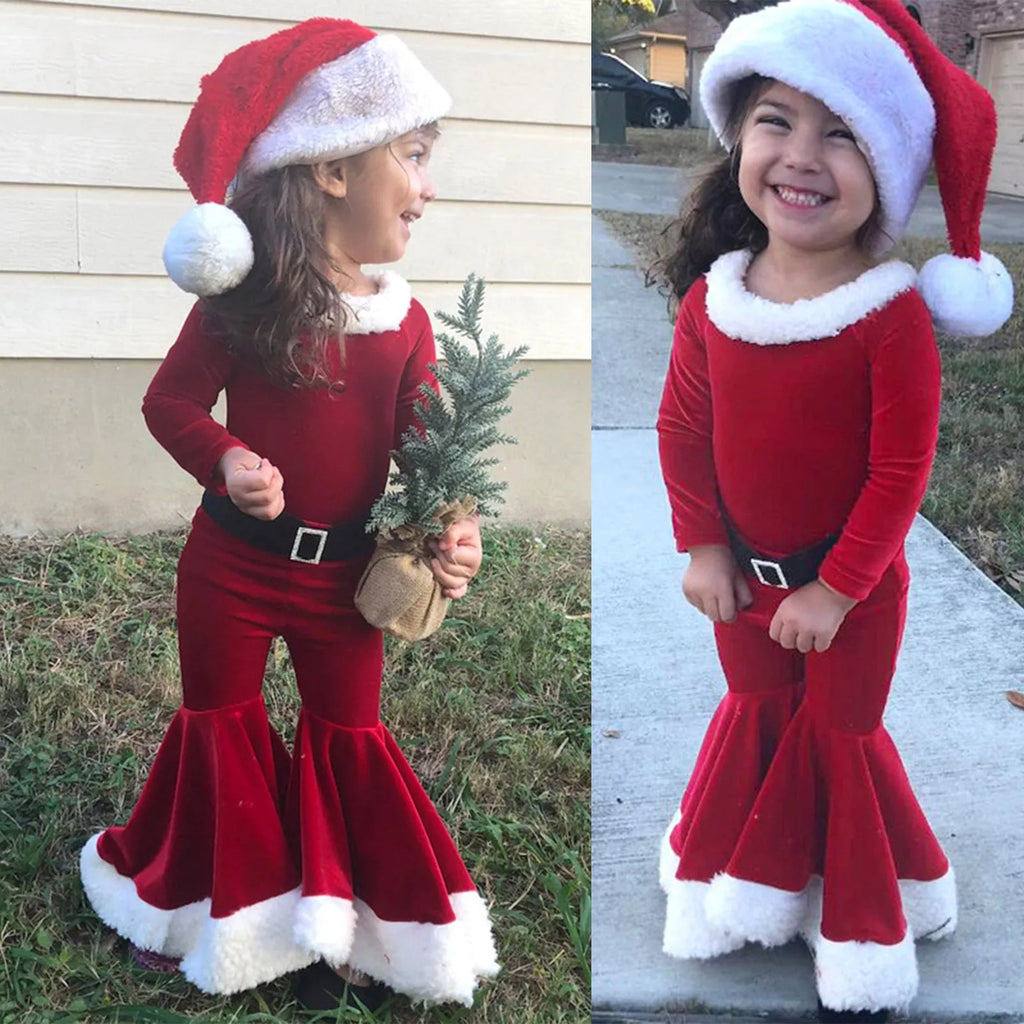 Red Korean velvet children's Christmas three-piece set with shirt, bell bottoms, and hat on display