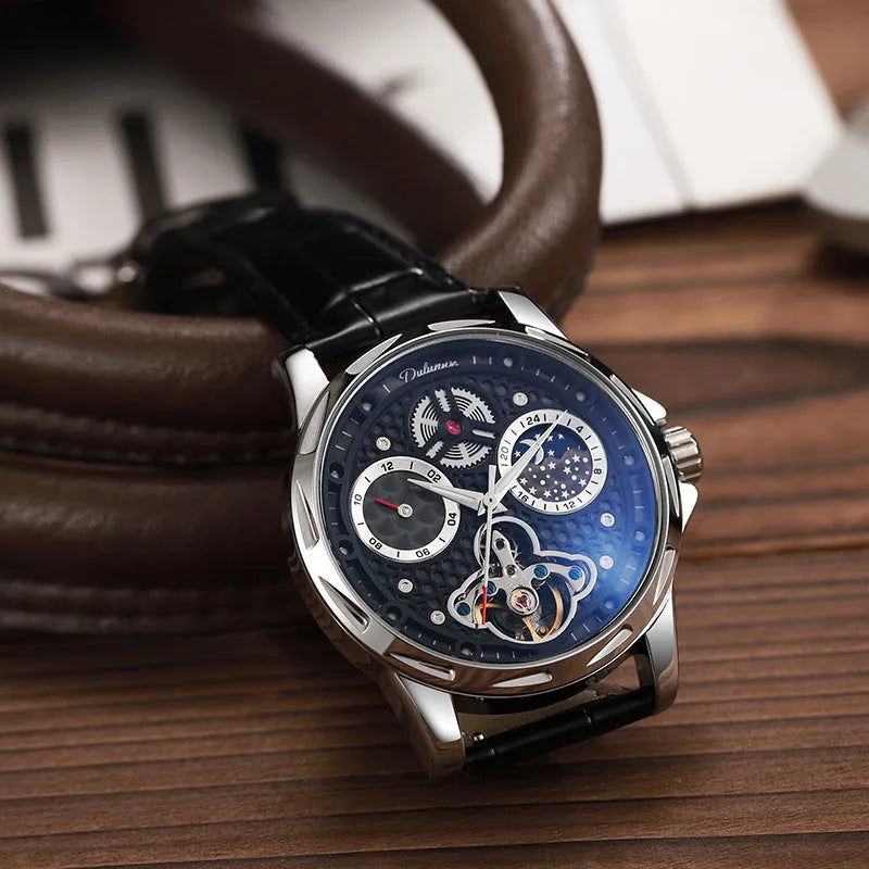Men's automatic business watch with black stainless steel case and leather strap, luminous dial, 13mm thickness