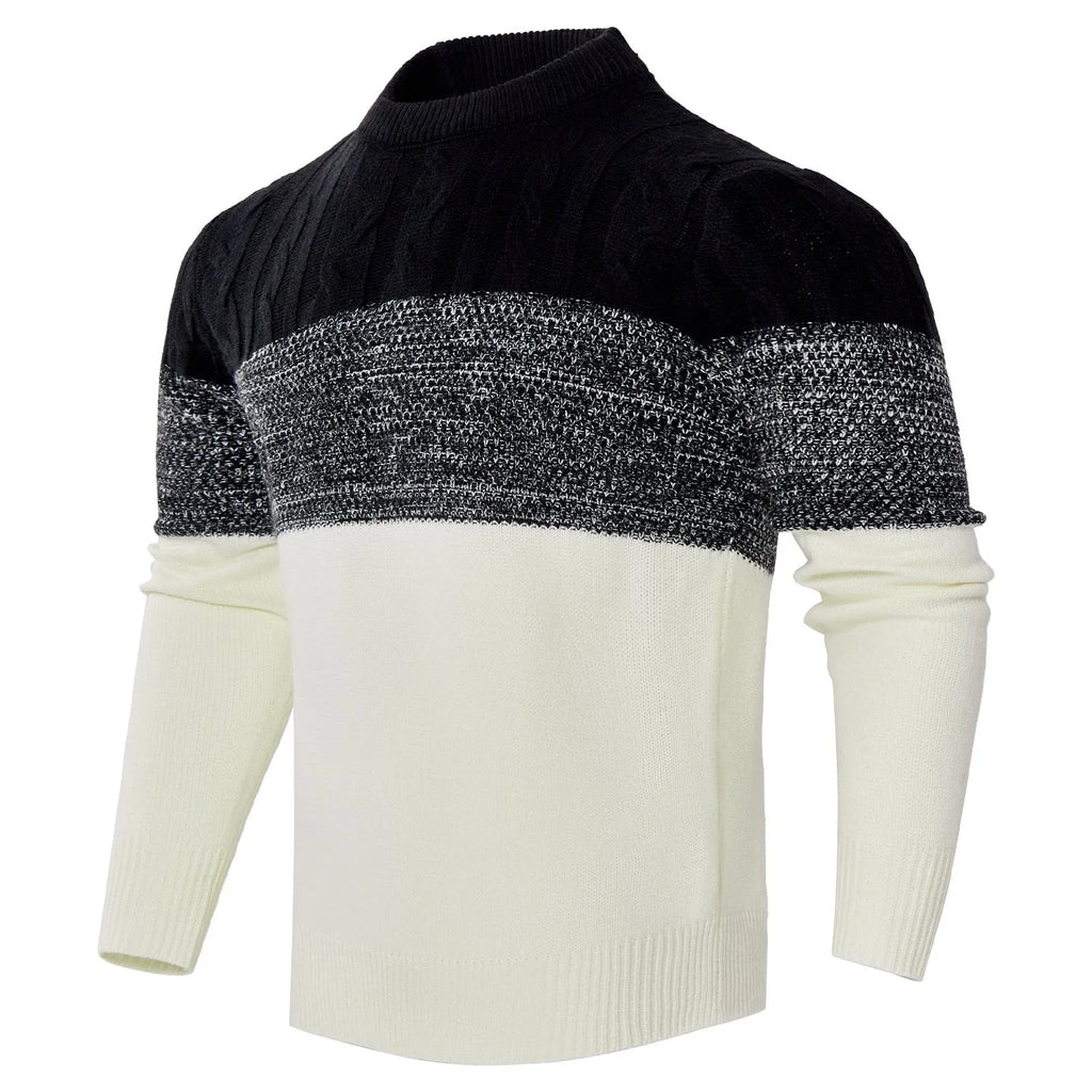 Men's grey crew neck knitted sweater with long sleeves laid flat