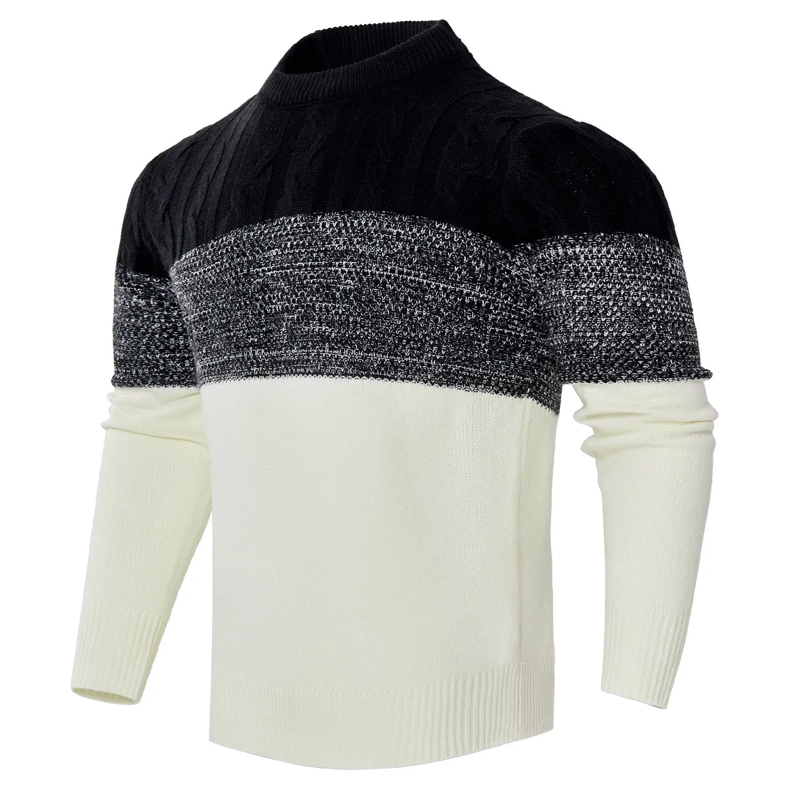 Men's grey crew neck knitted sweater with long sleeves laid flat