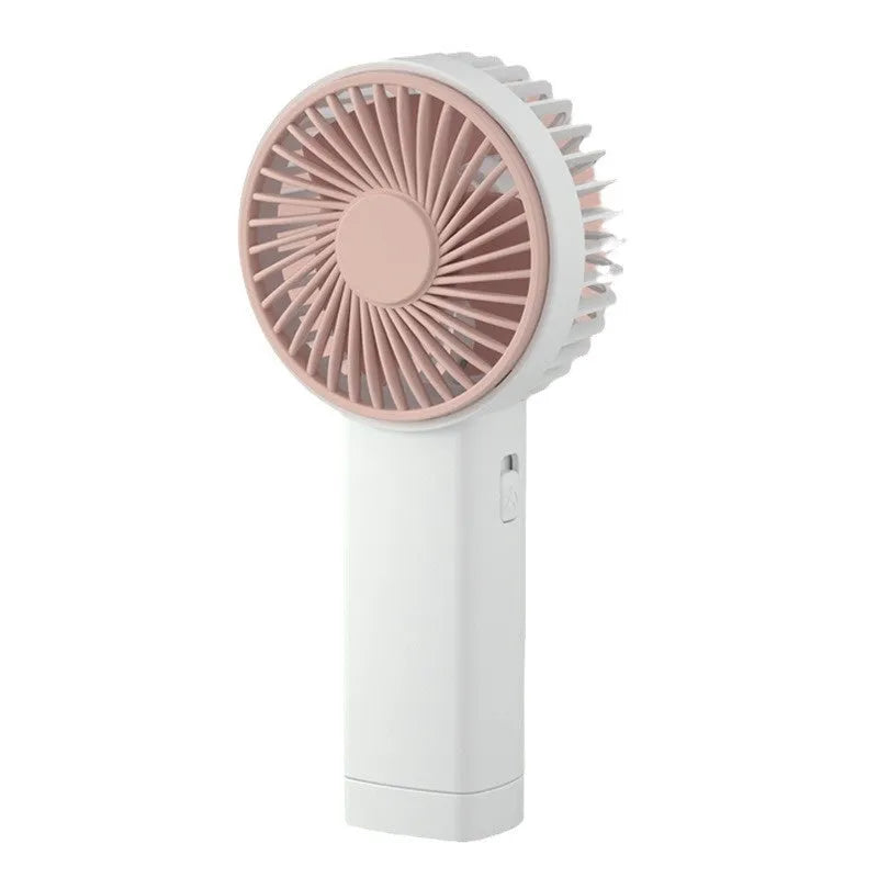 Outdoor portable USB rechargeable handheld fan with three plastic blades, available in multiple colours and cartoon designs