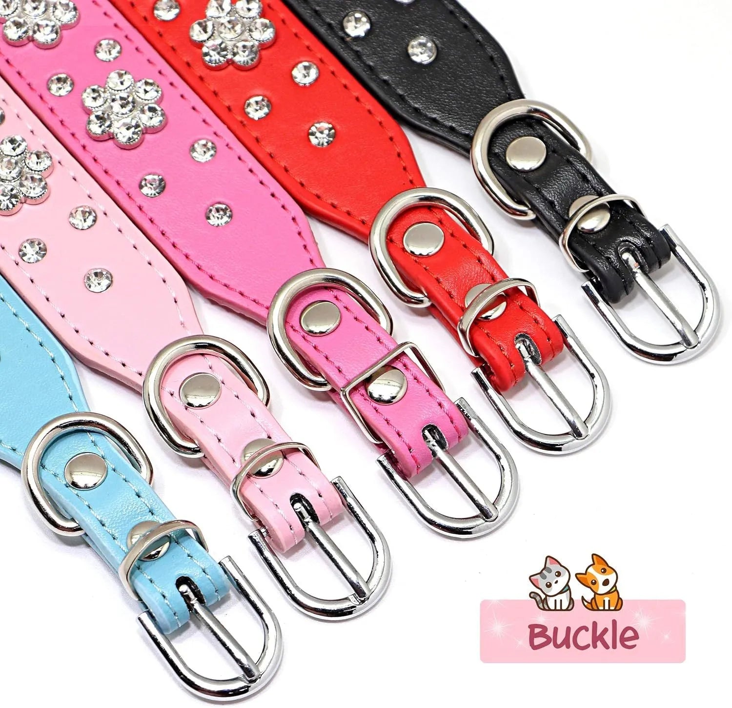 Close-up of a black PU leather dog collar with a rhinestone flower pattern and metal studs.