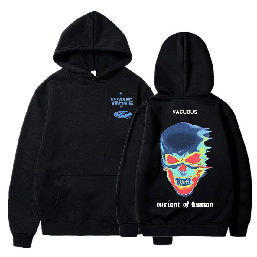 Skeleton thermal imaging graphic print hoodie, long sleeve pullover with hood and side seam pockets, 85% polyester.