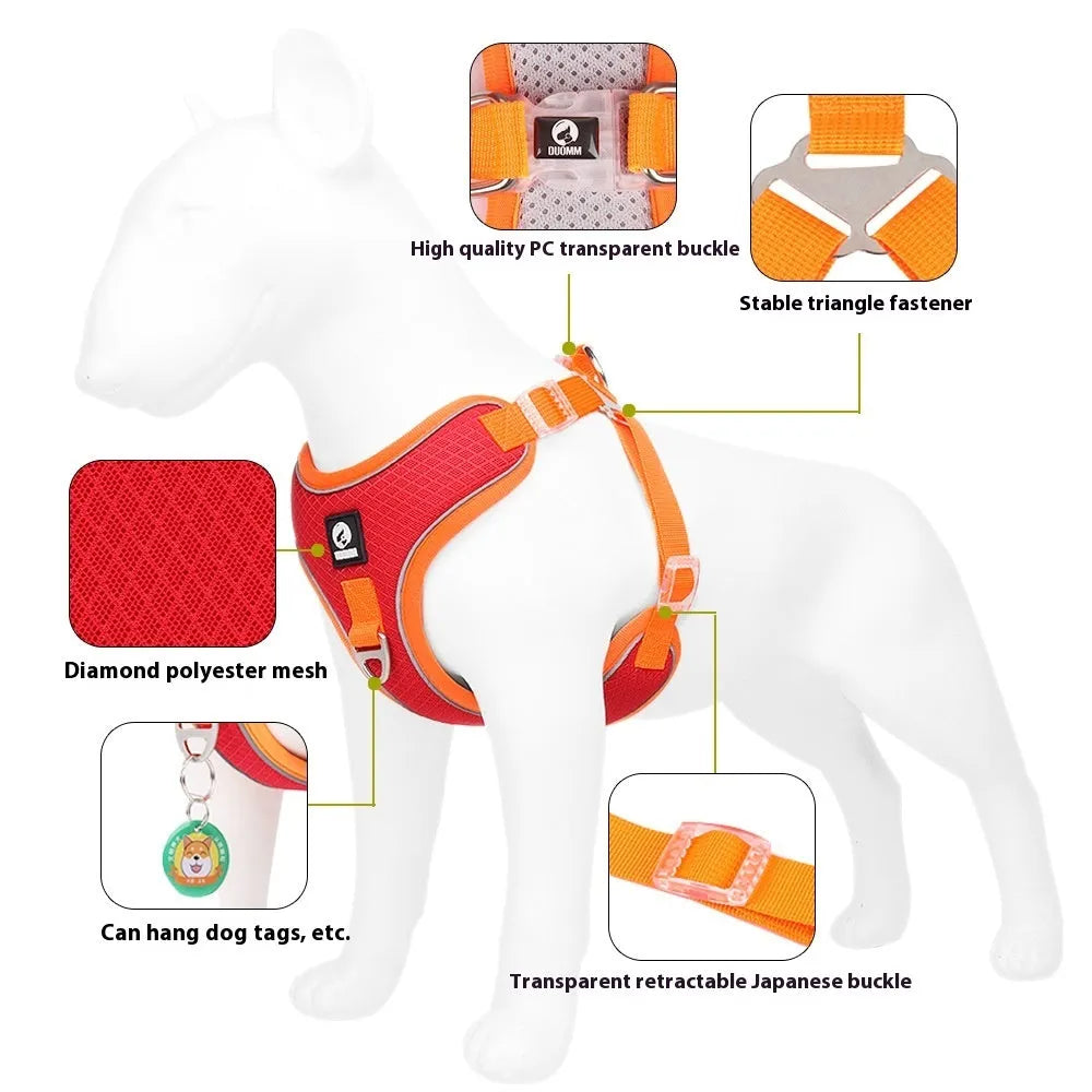 Adjustable polyester dog harness with reflective trim and breathable mesh construction