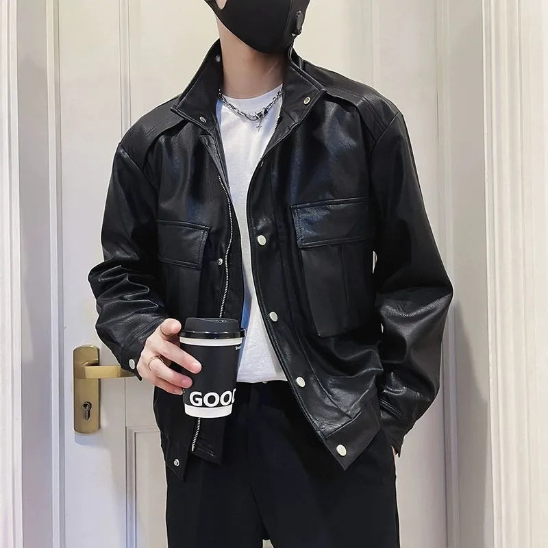 Men's black PU leather pilot jacket with straight hem and side pockets, Korean style.