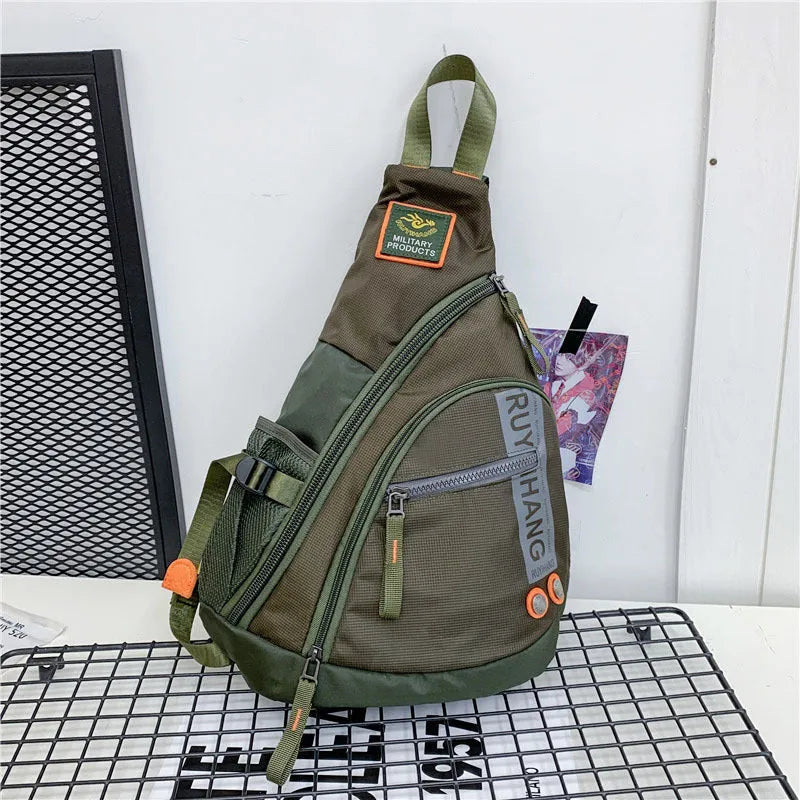 Unisex outdoor large capacity nylon chest bag in black with ventilation slots and adjustable strap