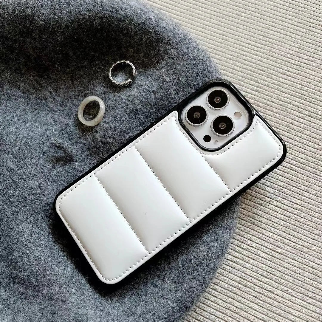 Candy down jacket phone case for iPhone 17 in black showing padded design and cut-outs