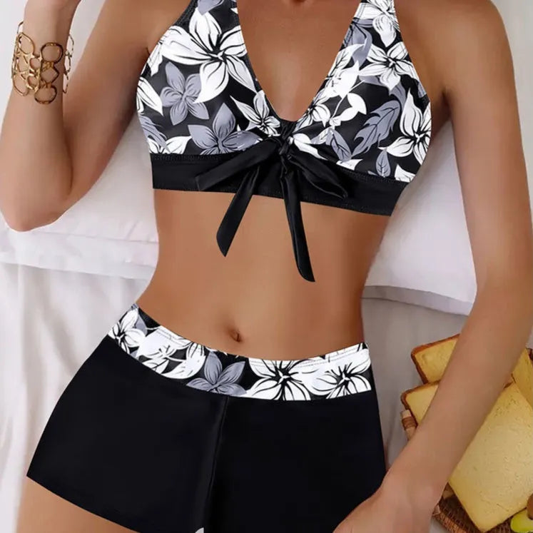 Orange plus size bikini split swimsuit printed polyester briefs female sleeveless swimming suit