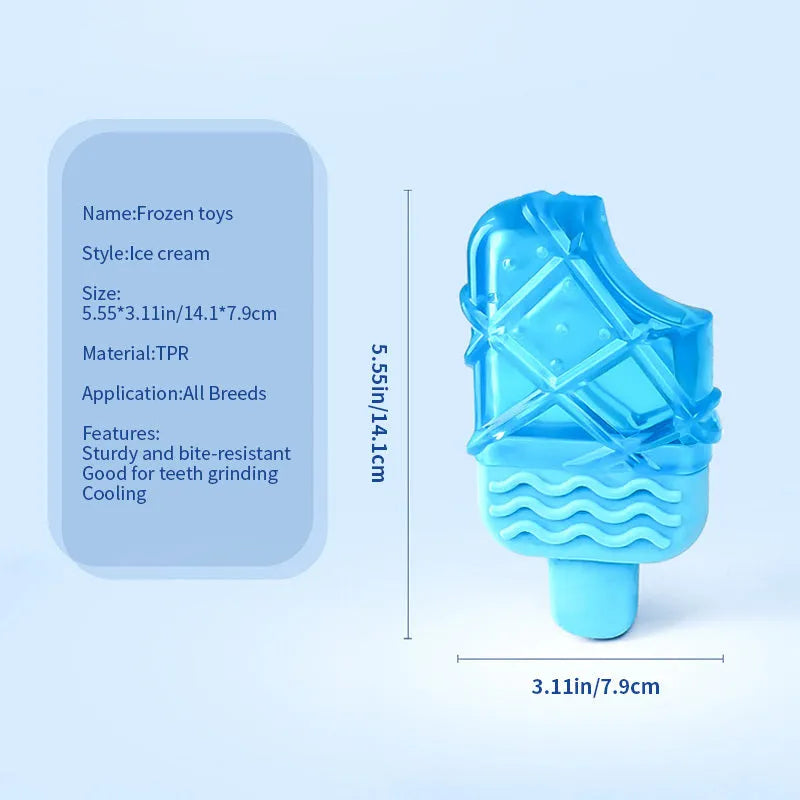 Set of three dog cooling toys: pacifier, popsicle, and ring, designed to be filled with water and frozen.