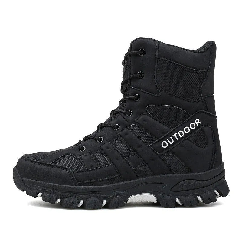 Men's tactical high-top boots in black with wear-resistant rubber outsole, suitable for outdoor mountaineering and field use