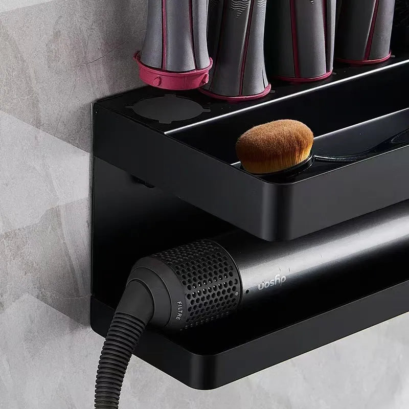 White double-layer aluminium punch-free bathroom storage rack holding a curling iron and hairdryer.