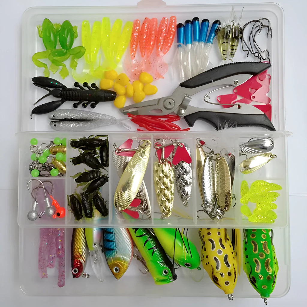 142-piece fishing lure kit containing hard minnow lures, soft plastic sequins, fishhooks, and metal pliers on a blue background.