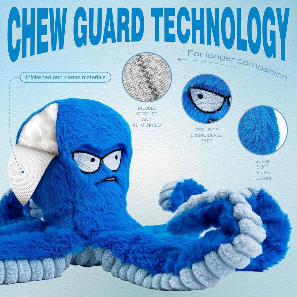 Blue stuffed octopus dog toy with squeaker and crinkly tentacles for interactive tug of war