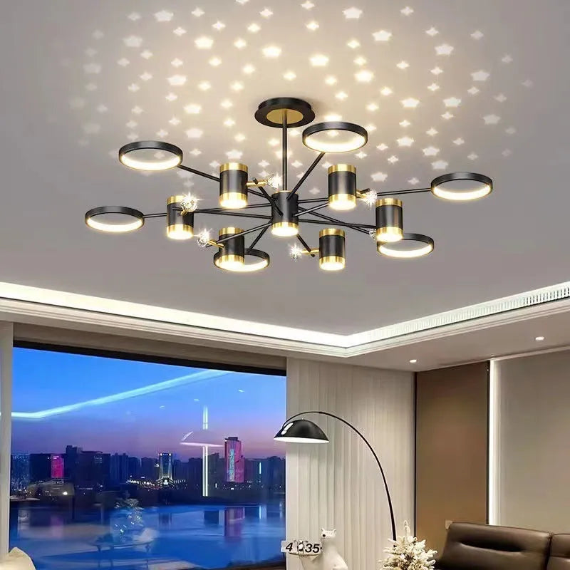 Black 13-head Nordic star pendant lamp with remote control, 1000mm diameter iron chandelier