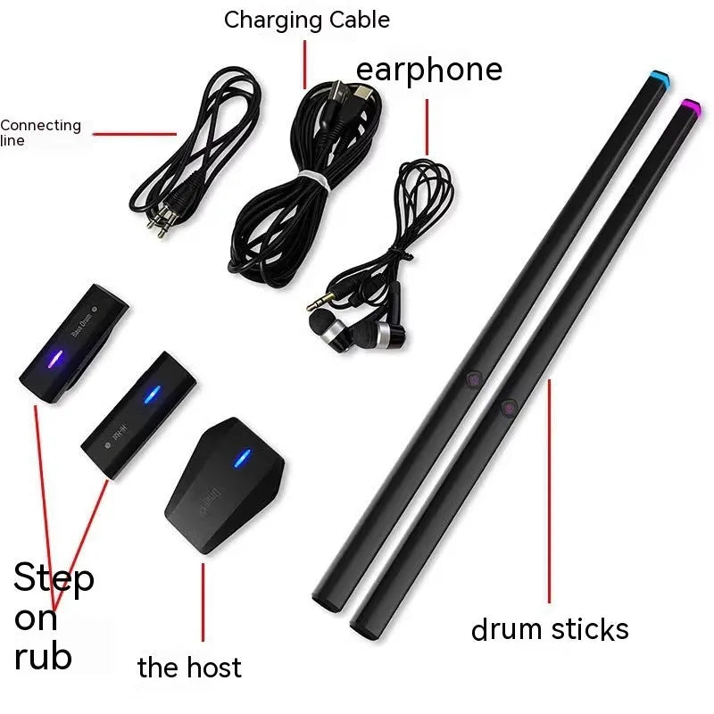Black body sensing air drum kit with wireless drumsticks and LED lighting on control unit