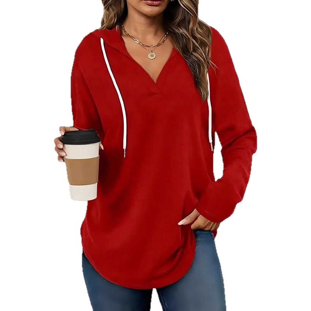 Women's red V-neck hooded sweatshirt with long sleeves in loose fit