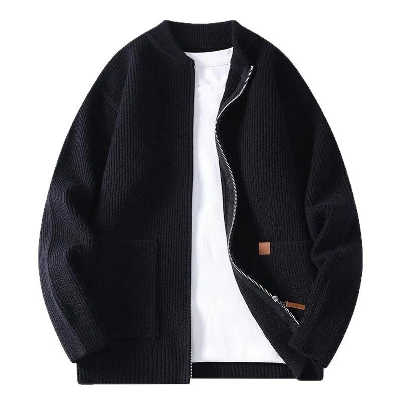 Men's straight-cut sweater cardigan jacket in a chemical fibre blend, shown in available colours.