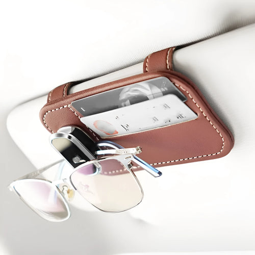 Cowhide leather car sun visor card holder with glasses clip in multiple colour options