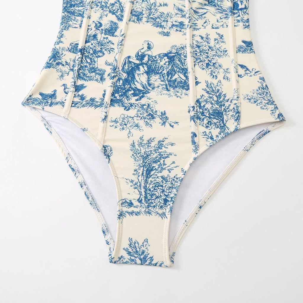 Blue women's one-piece swimsuit with detachable gauze skirt shown in S M L XL sizing options