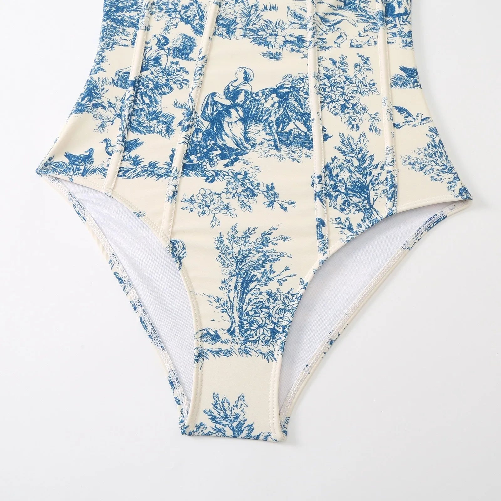 Blue women's one-piece swimsuit with detachable gauze skirt shown in S M L XL sizing options
