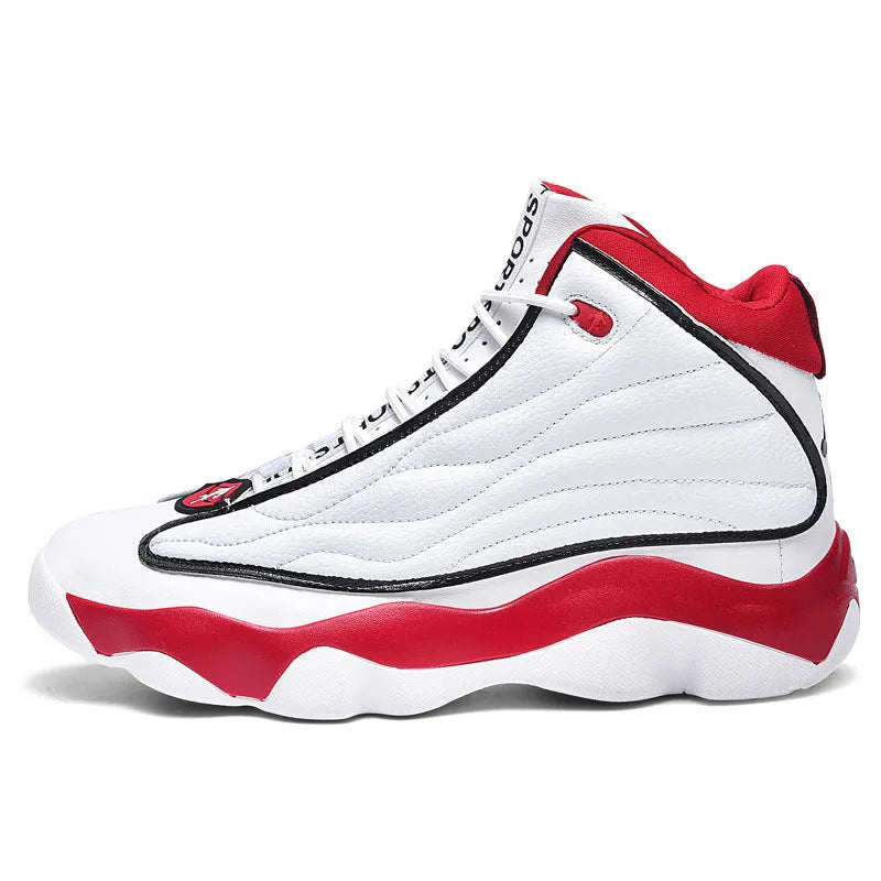 Men's high-top basketball shoes in AJ13 white and red colourway with rubber sole and mesh upper
