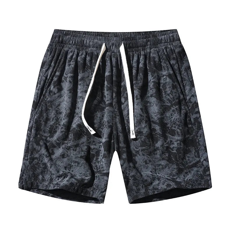 Men's camouflage pattern corduroy athletic shorts with high waistband and straight leg design