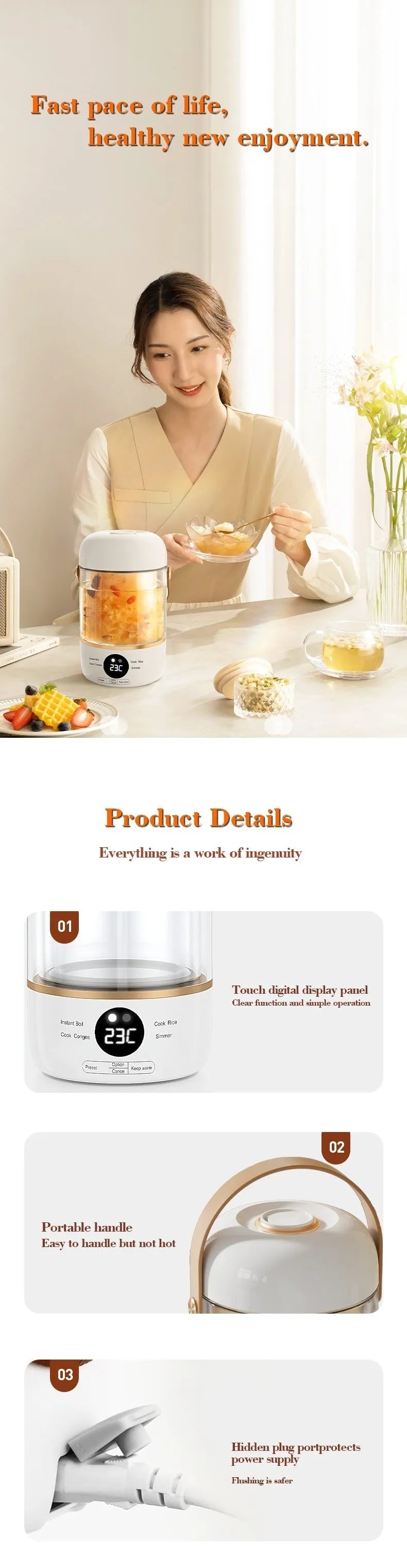 Personal smart electric stew cooker with a transparent Gaopeng glass pot on a fibreglass body.