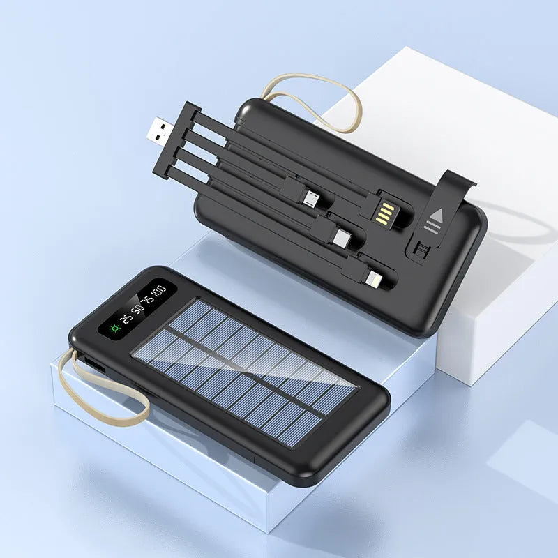 Solar power bank in black or white with solar panel, showing compact size of 144x68x16mm