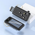 Solar power bank in black or white with solar panel, showing compact size of 144x68x16mm