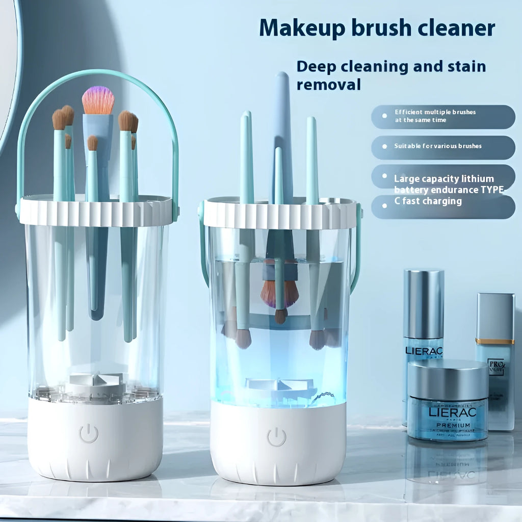 White rechargeable electric cleaning brush for makeup brushes with USB cable.