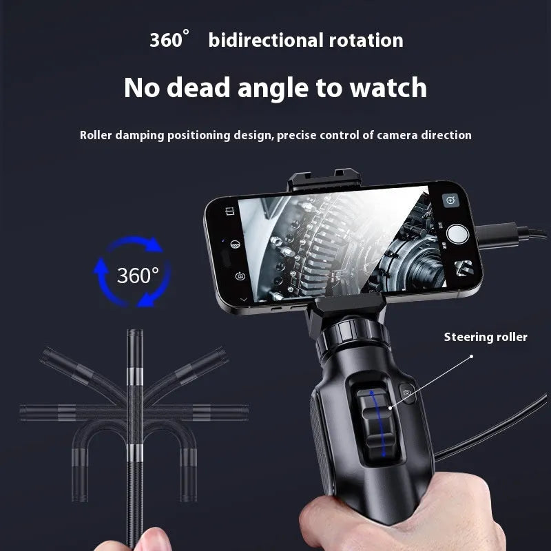 360-degree steering industrial pipeline endoscope with 8mm camera on display showing cable and handle