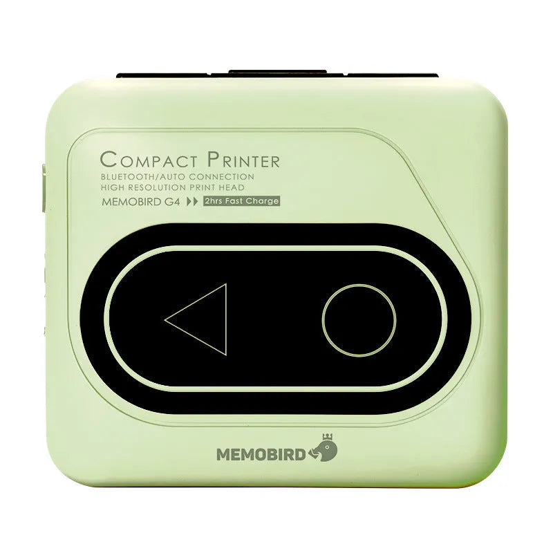 Portable Bluetooth mini thermal printer in avocado green with mobile phone showing wireless connection
