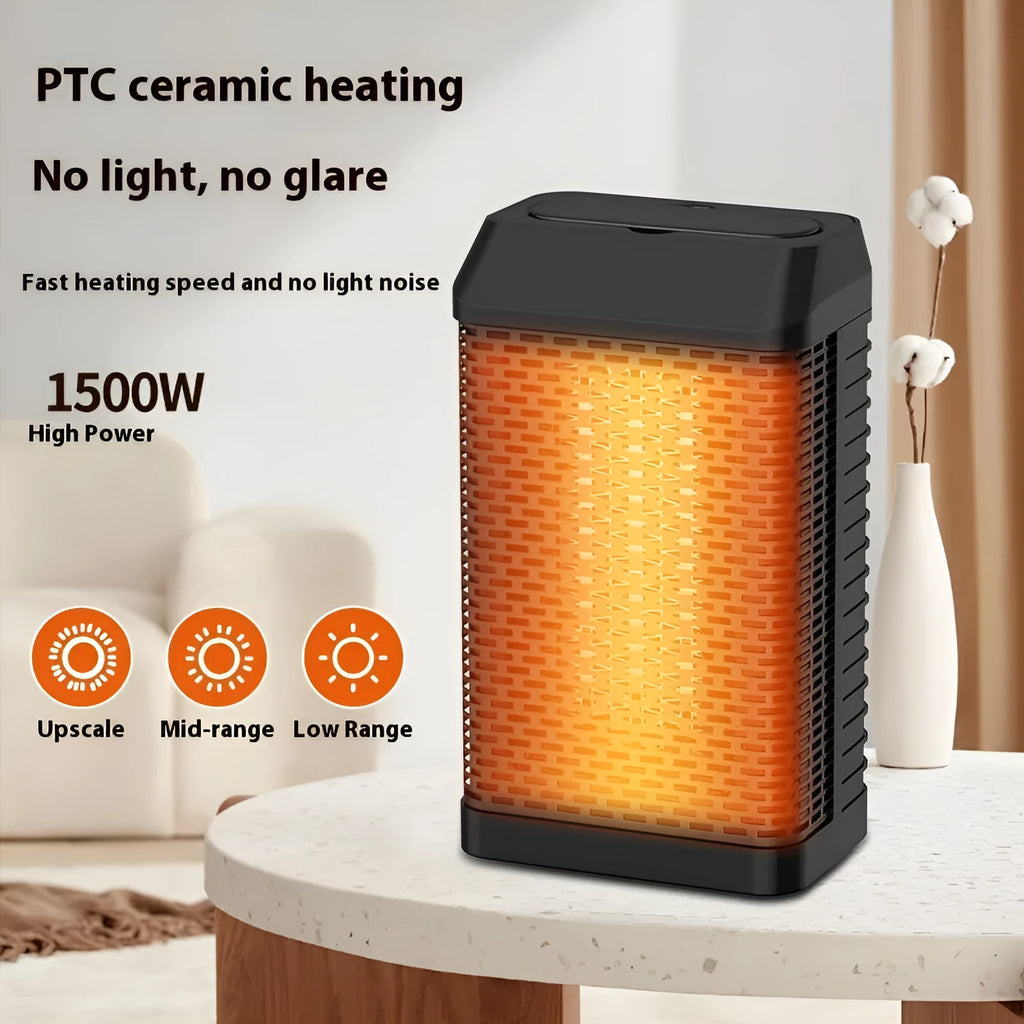 Black remote control desktop heater with oscillating grill on a wooden desk